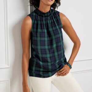NWT Talbots Blackwatch Plaid Sleeveless Top with Velvet Trim & Rhinestone Button